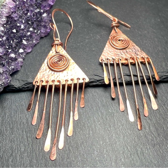 Artisan Jewelry - Artisan Designed Copper Fringe Dangle Fall Wardrobe Earrings